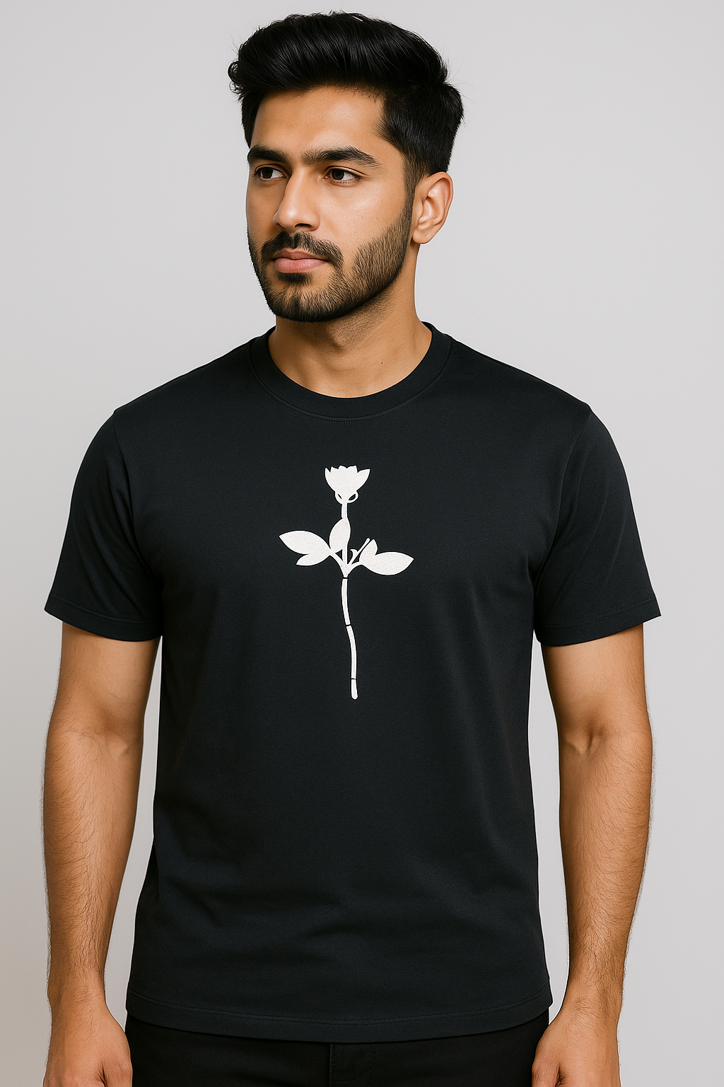 BLACK  ROSE EMBROIDERY T-SHIRT.